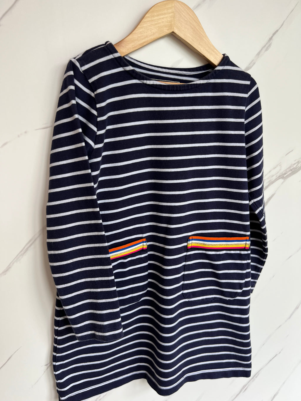 Mountain Warehouse Navy Striped Dress with Rainbow Pockets Age 7-8 Years