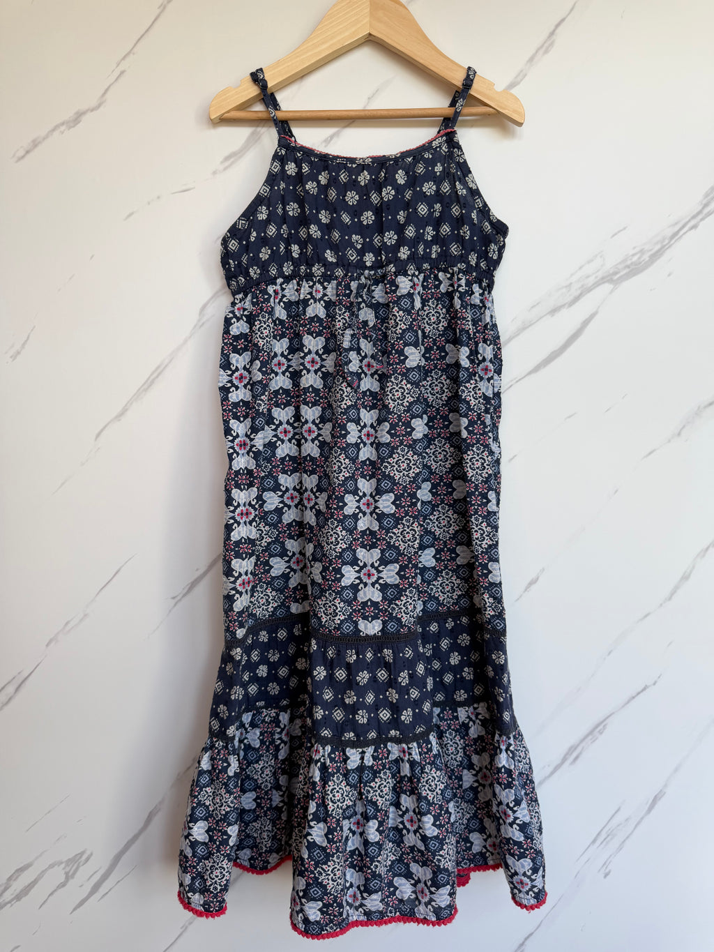 Fatface Navy & White Tiered Summer Dress Age 8-9 Years