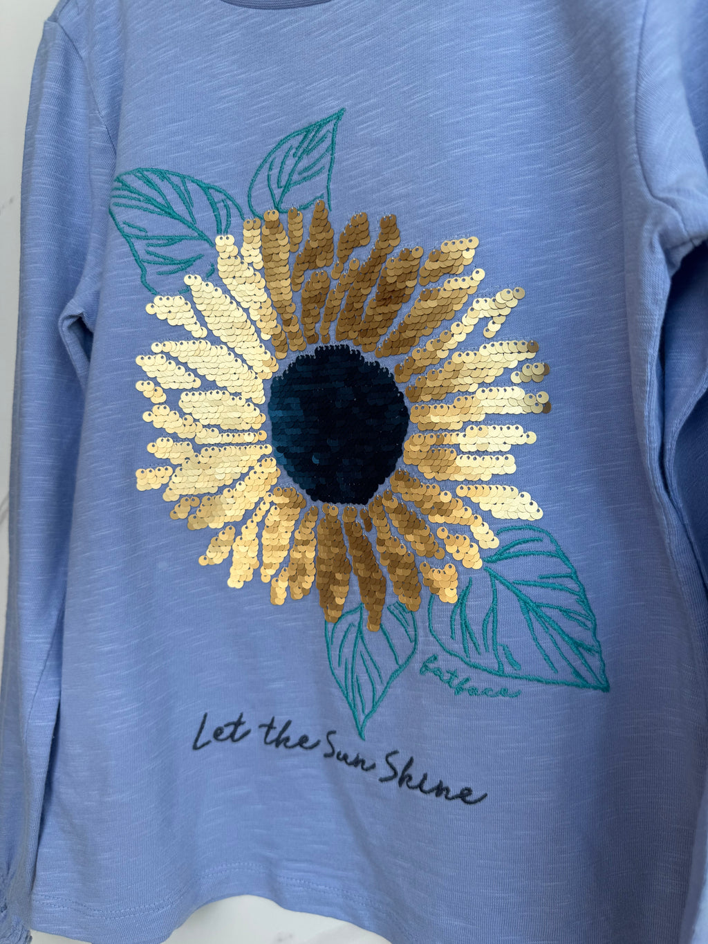 Fatface Blue Long-Sleeved Top with Sequin Sunflower Age 9-10 Years