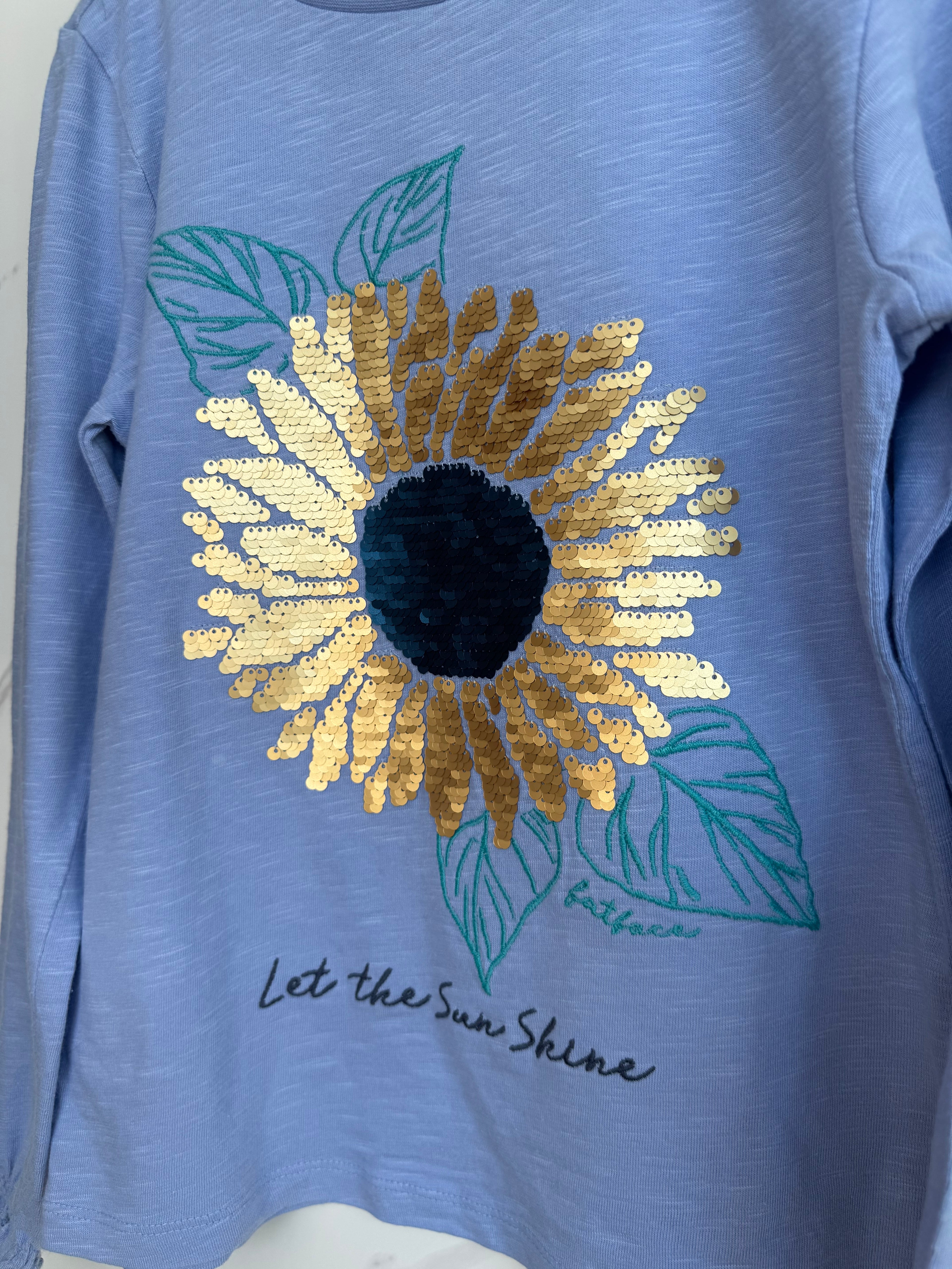 Fatface Blue Long-Sleeved Top with Sequin Sunflower Age 9-10 Years
