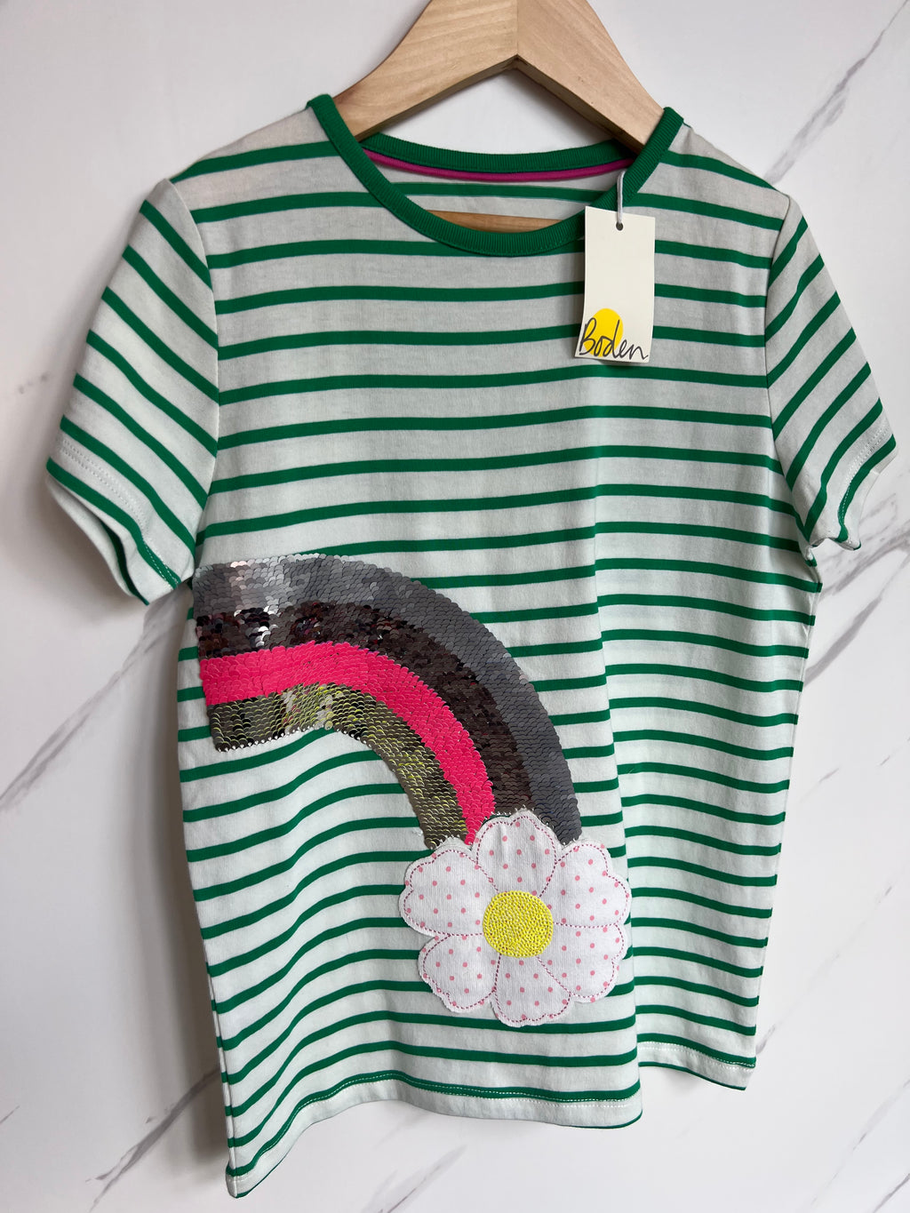 Boden Green Striped Rainbow Sequin T-Shirt Age 8-9 Years