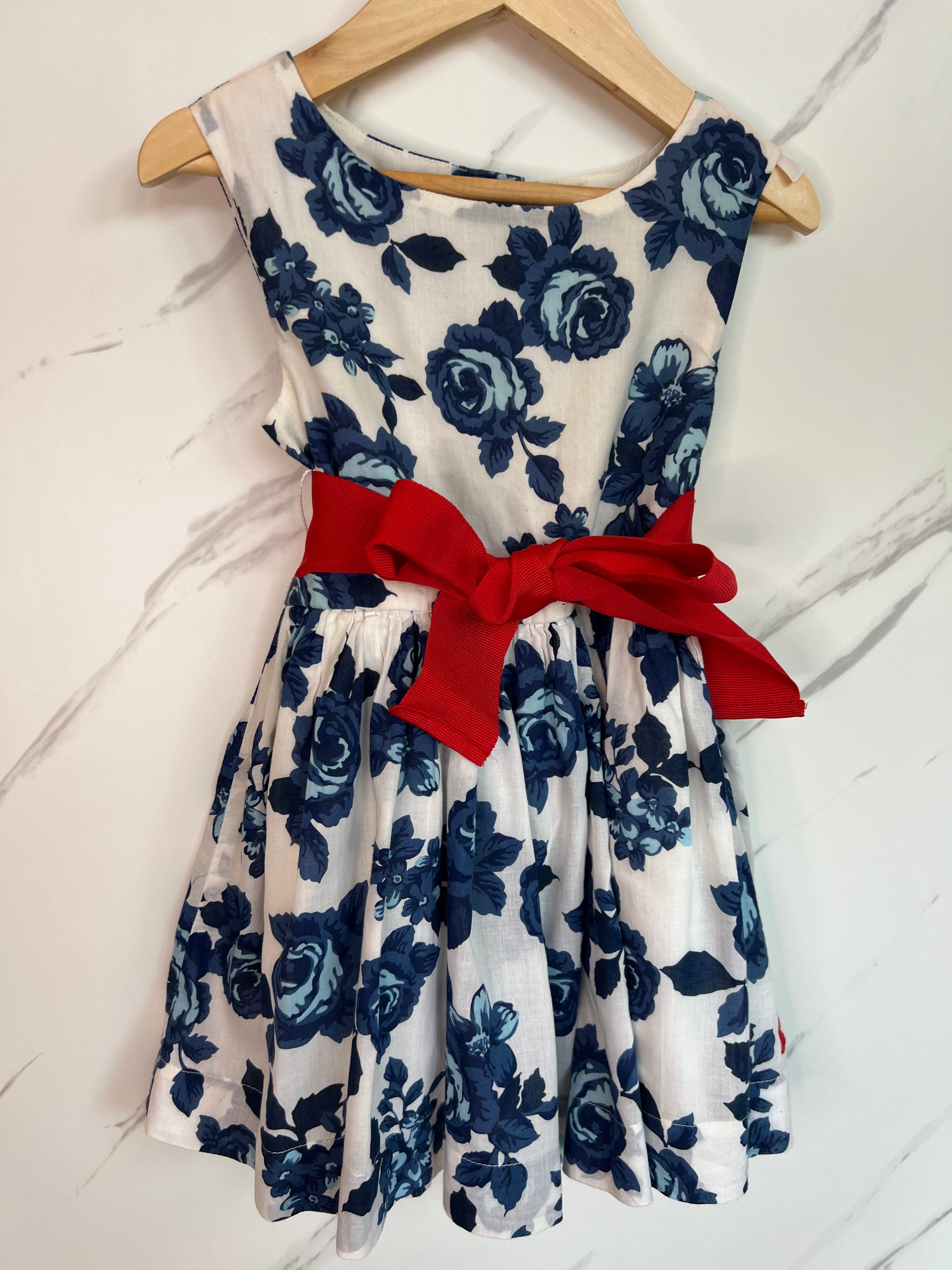 Joules White & Blue Rose Dress with Red Sash Age 3 Years