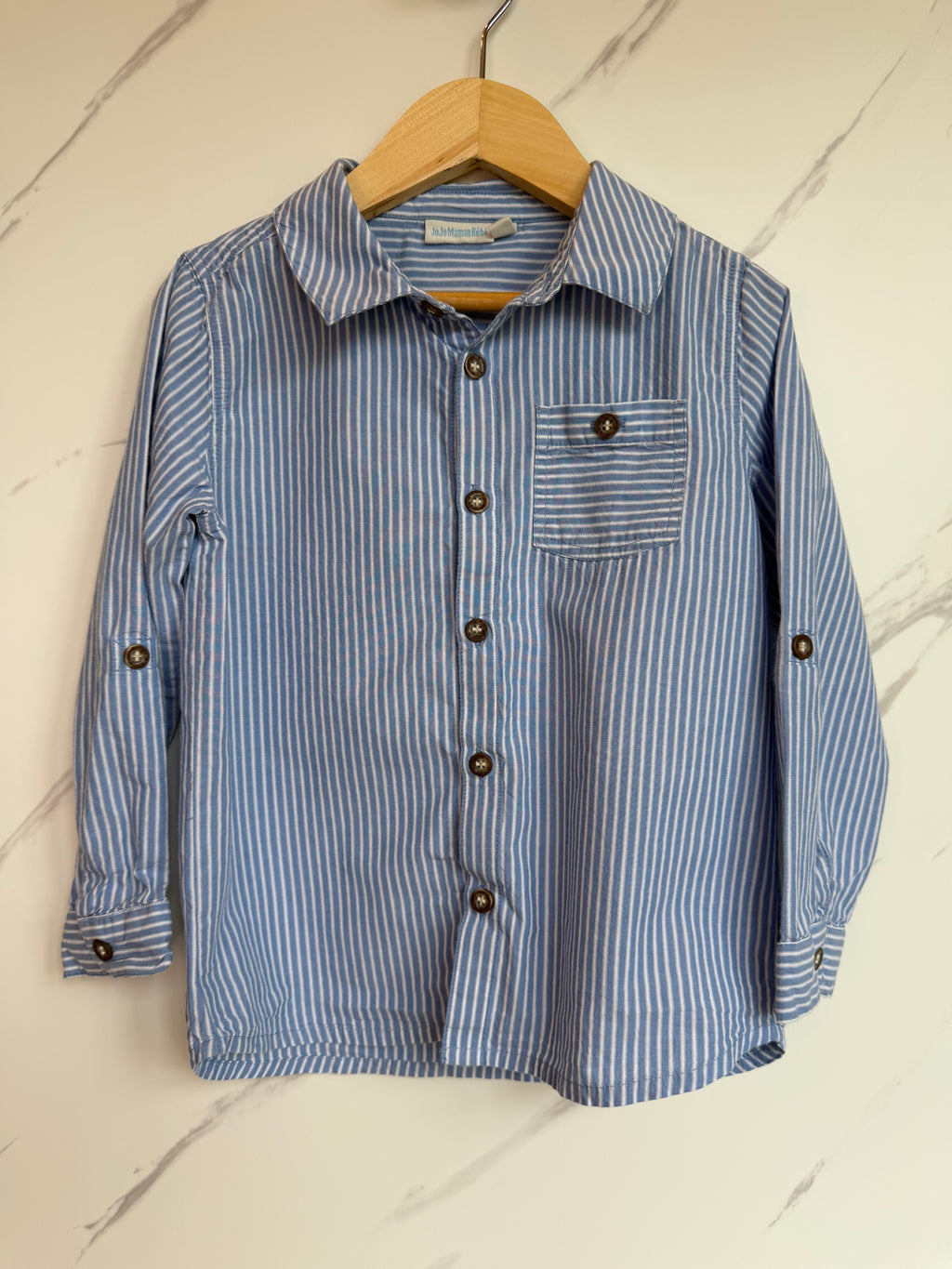 JoJo Maman Bebe Blue & White Striped Shirt Age 4-5 Years