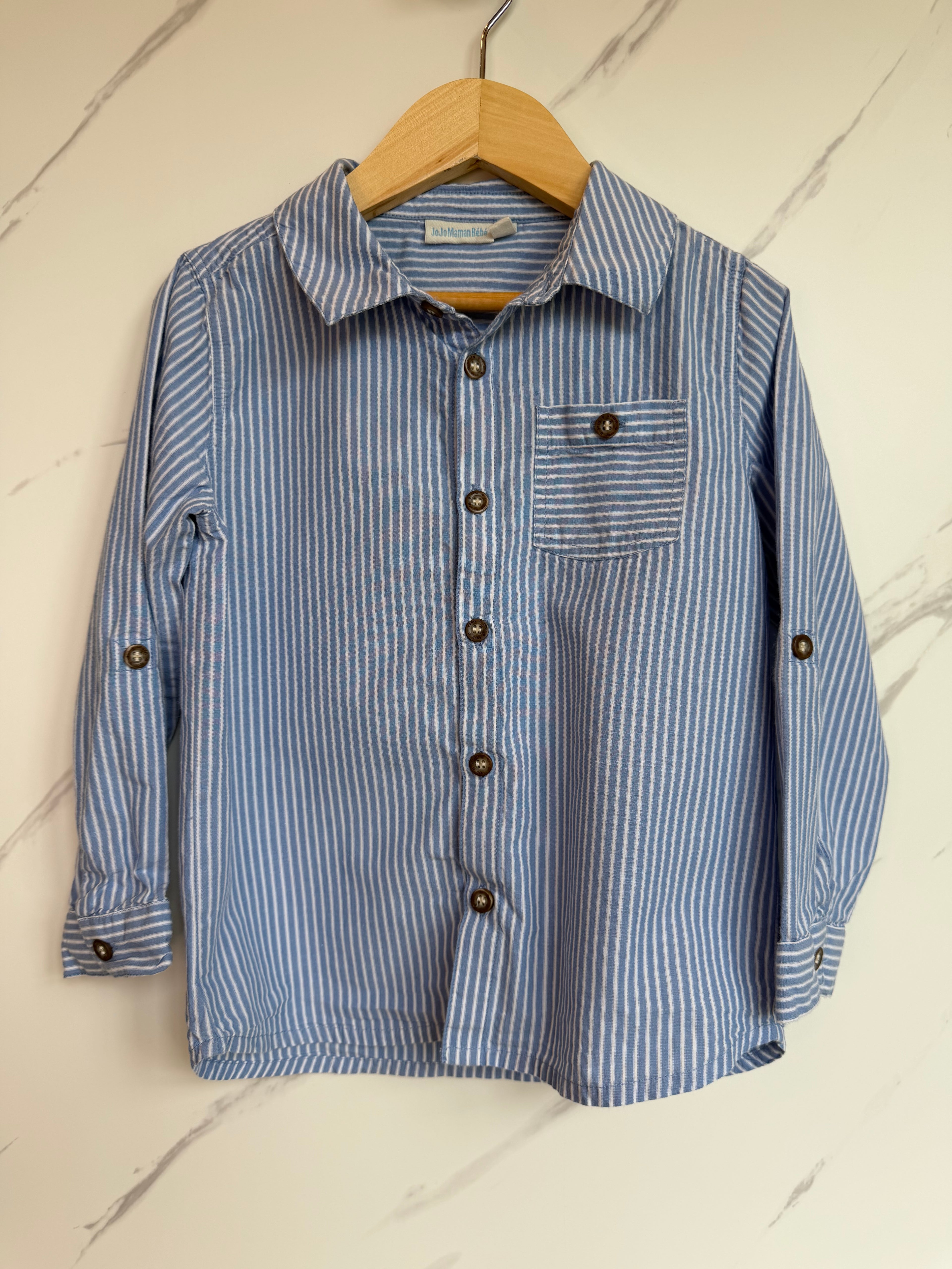 JoJo Maman Bebe Blue & White Striped Shirt Age 4-5 Years