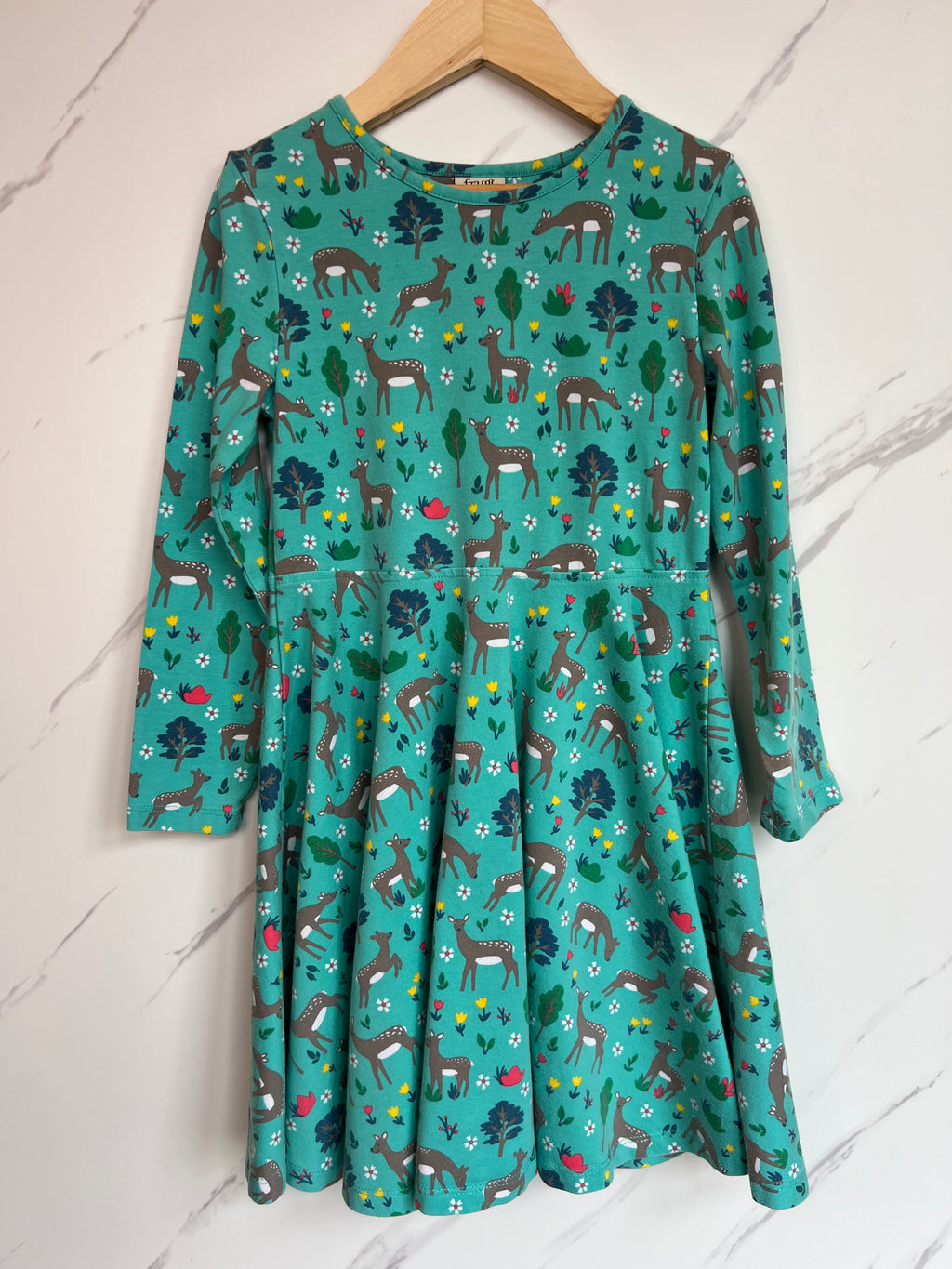 Frugi Green Deer Skater Dress Age 6-7 Years