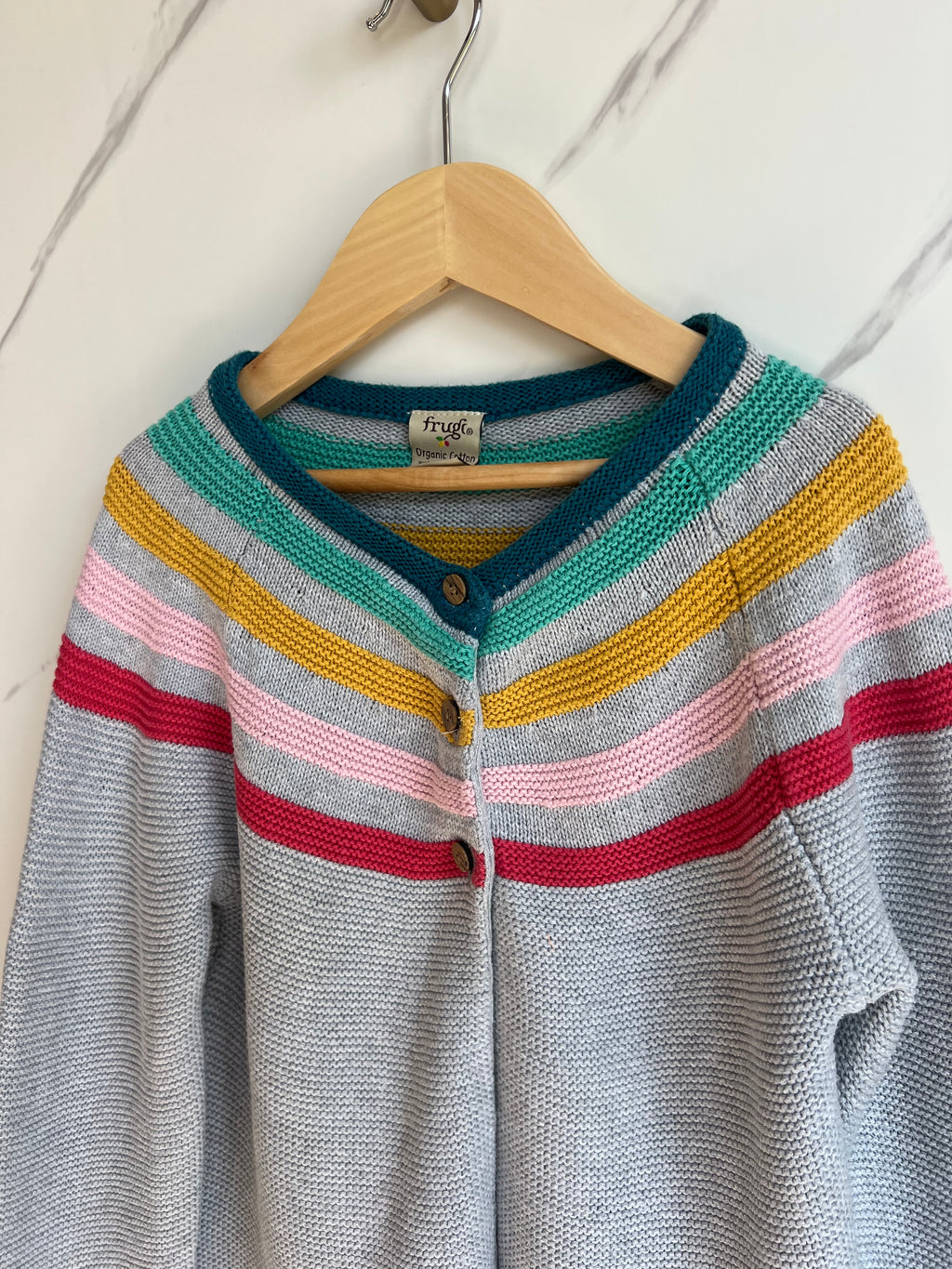 Frugi Grey Cardigan with Rainbow Stripes Age 6-7 Years