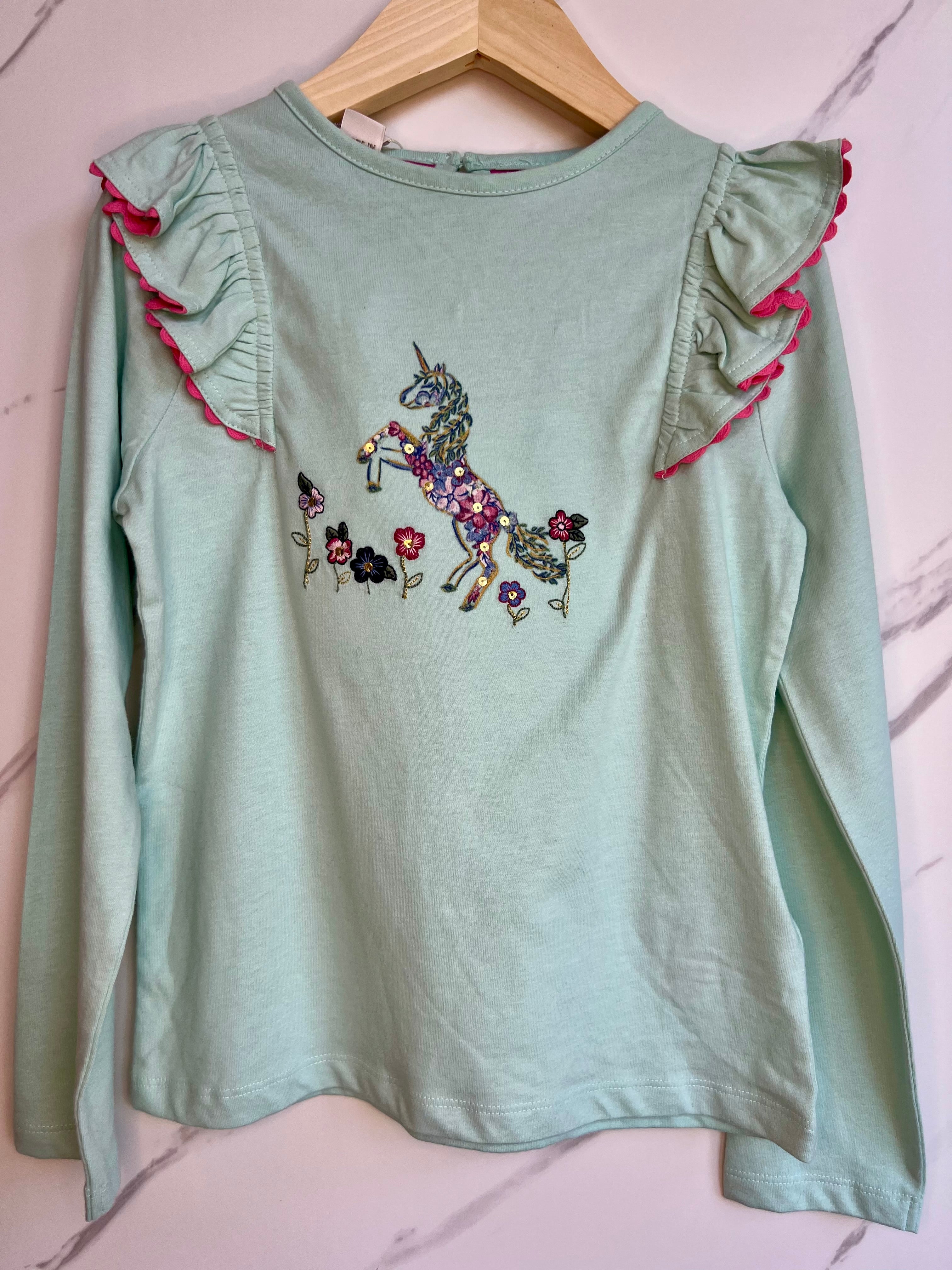 Monsoon Mint Green Unicorn Scene Long-Sleeved Top Age 7-8 Years