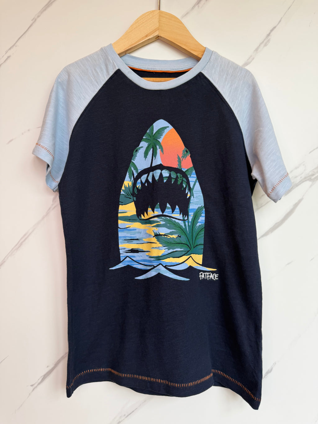 FatFace Navy Tropical Shark T-Shirt Age 7-8 Years