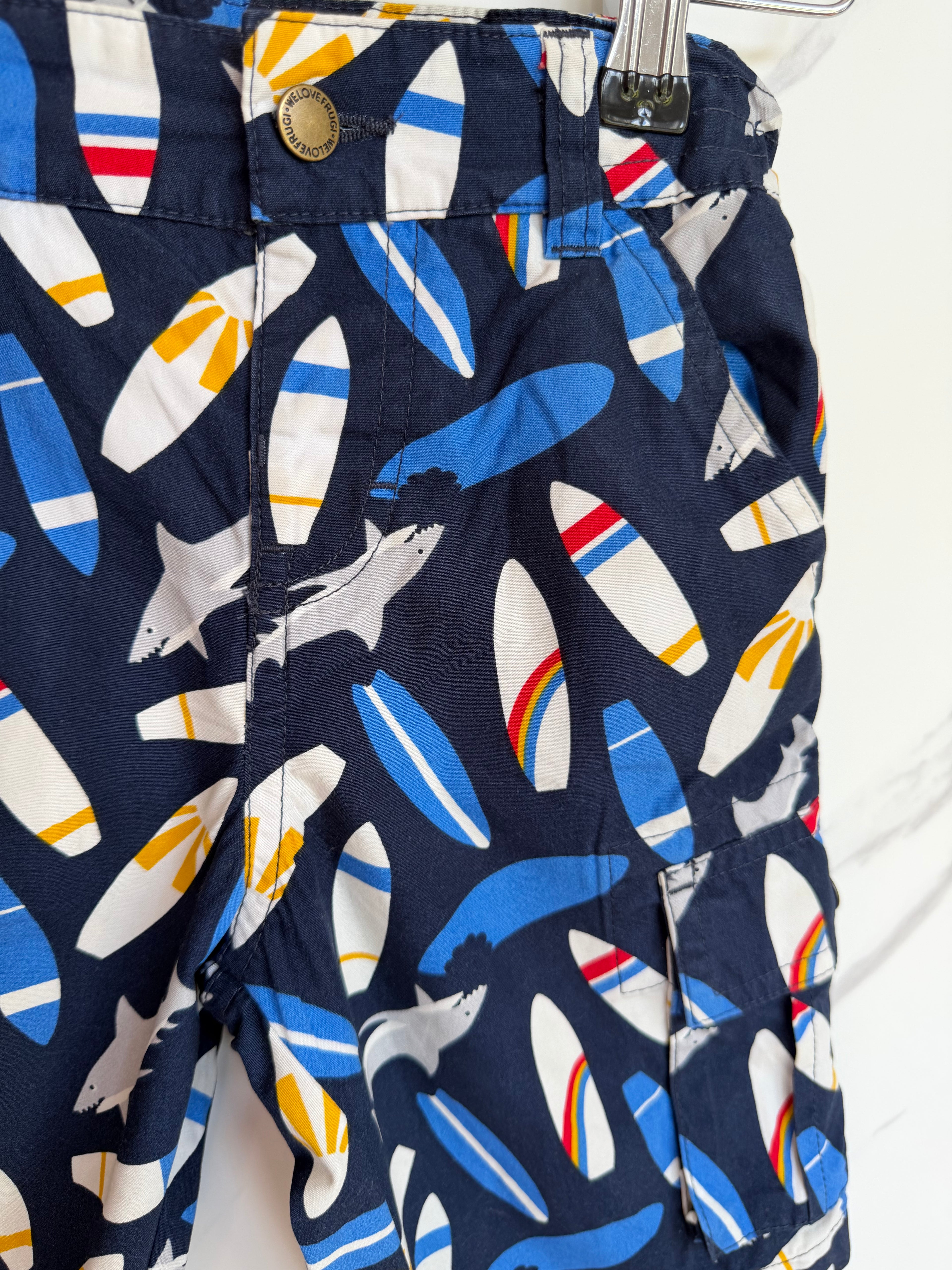 Frugi Navy Sharks & Surfboards Cargo Shorts Age 4-5 Years