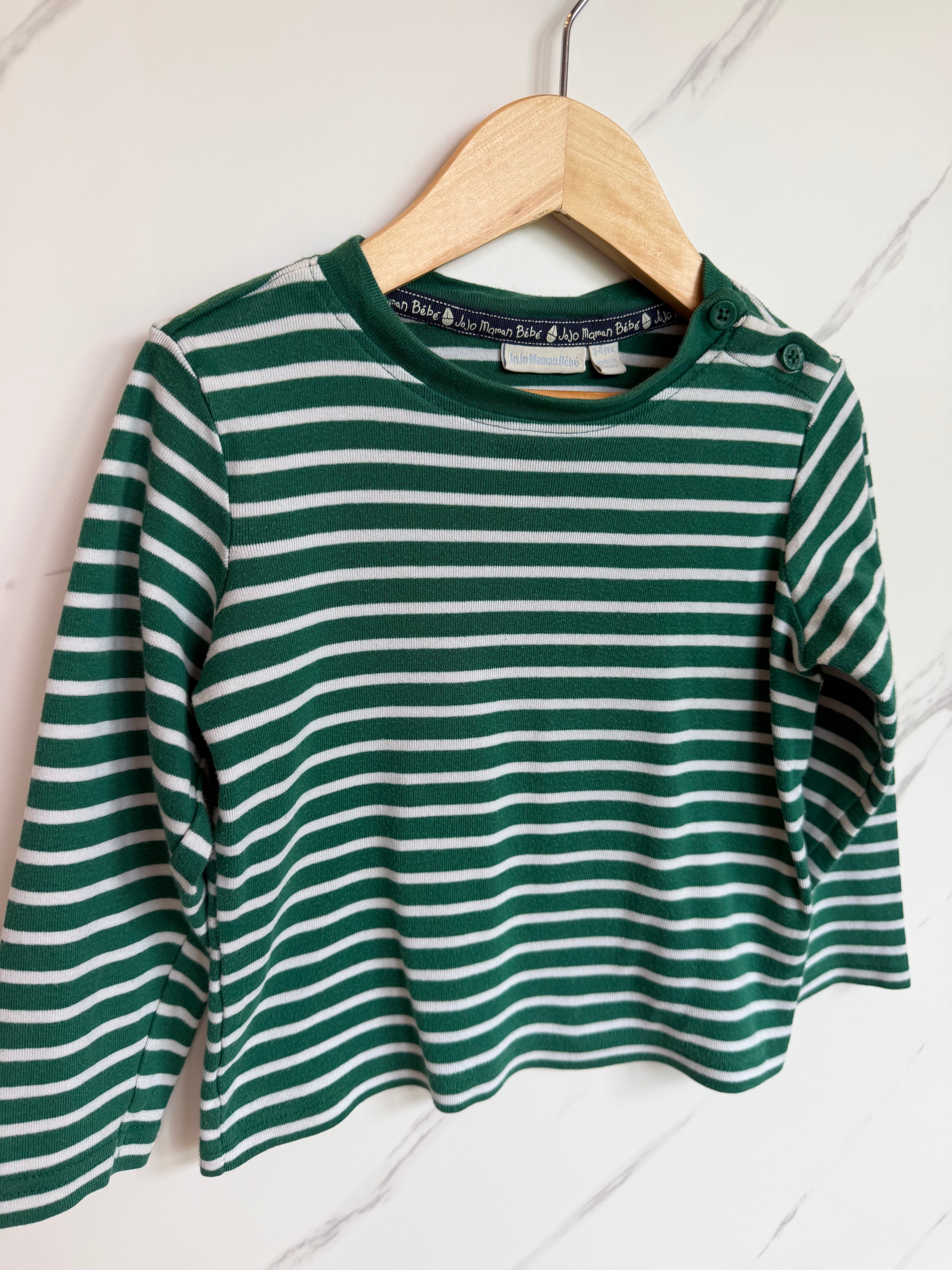 JoJo Maman Bebe Green & White Striped Long-Sleeved Top Age 3-4 Years