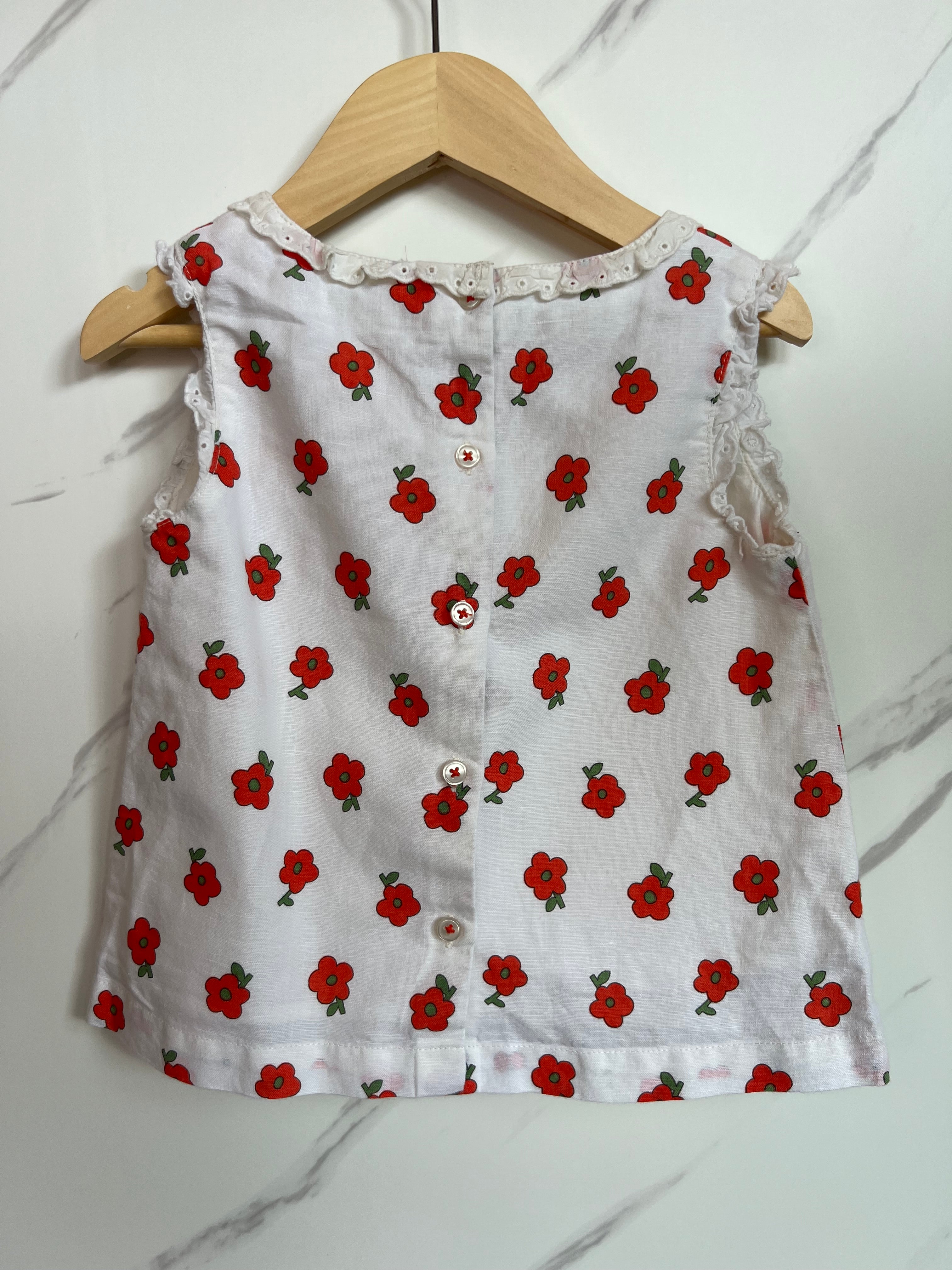 Boden White Sleeveless Top with Red Flowers Age 3-4 Years