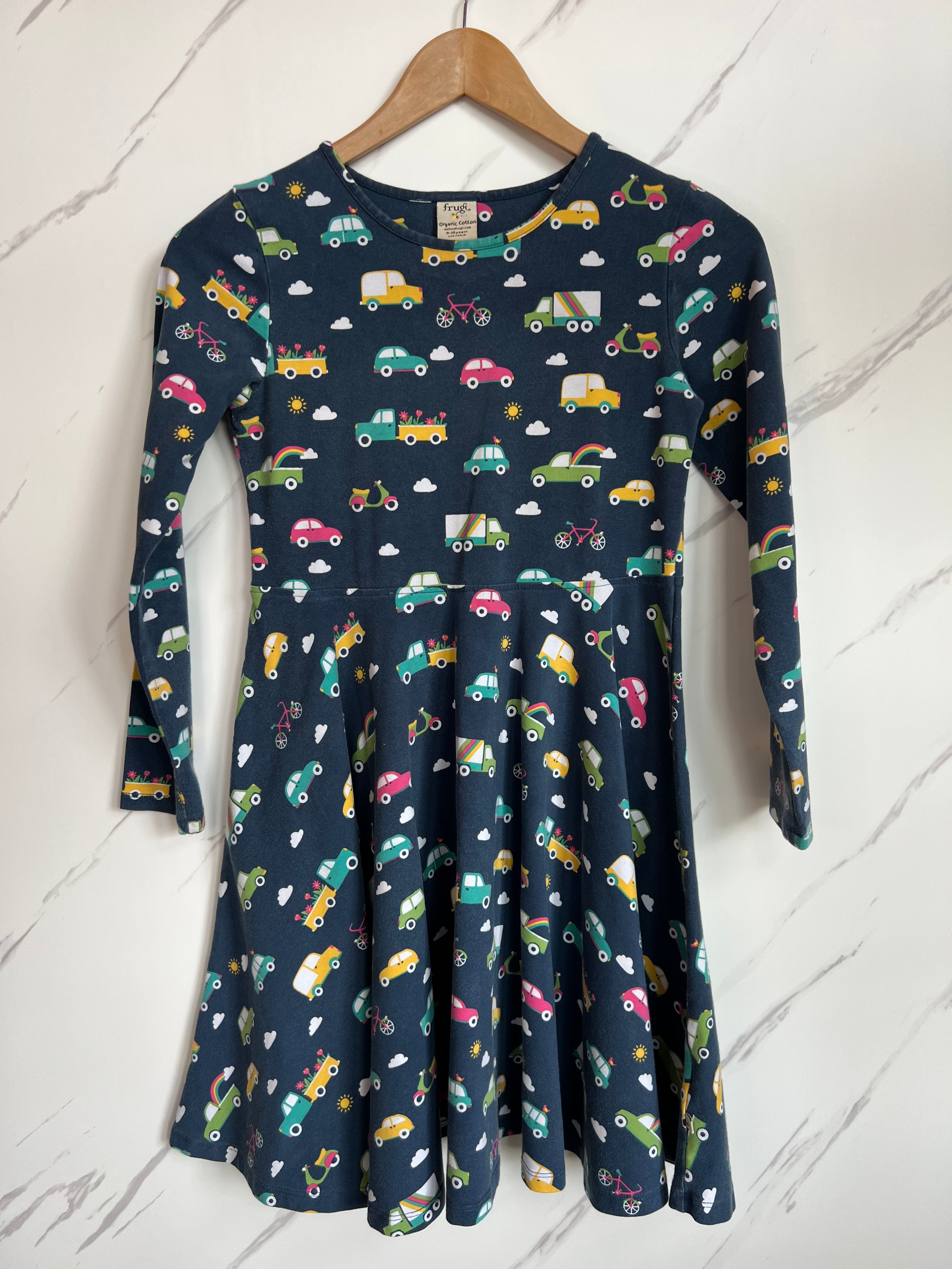 Frugi Navy Vehicles Long-Sleeved Skater Dress Age 9-10 Years
