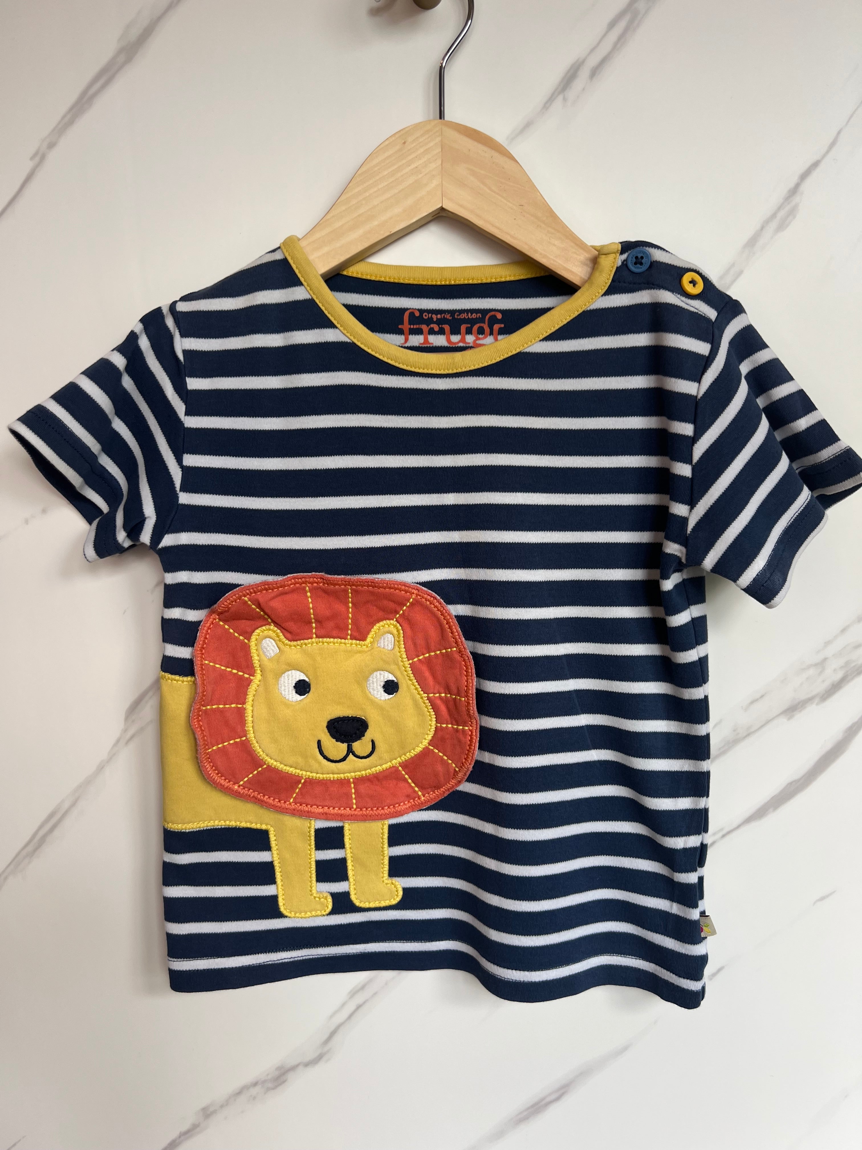 Frugi Navy Striped Lion T-Shirt Age 2-3 Years