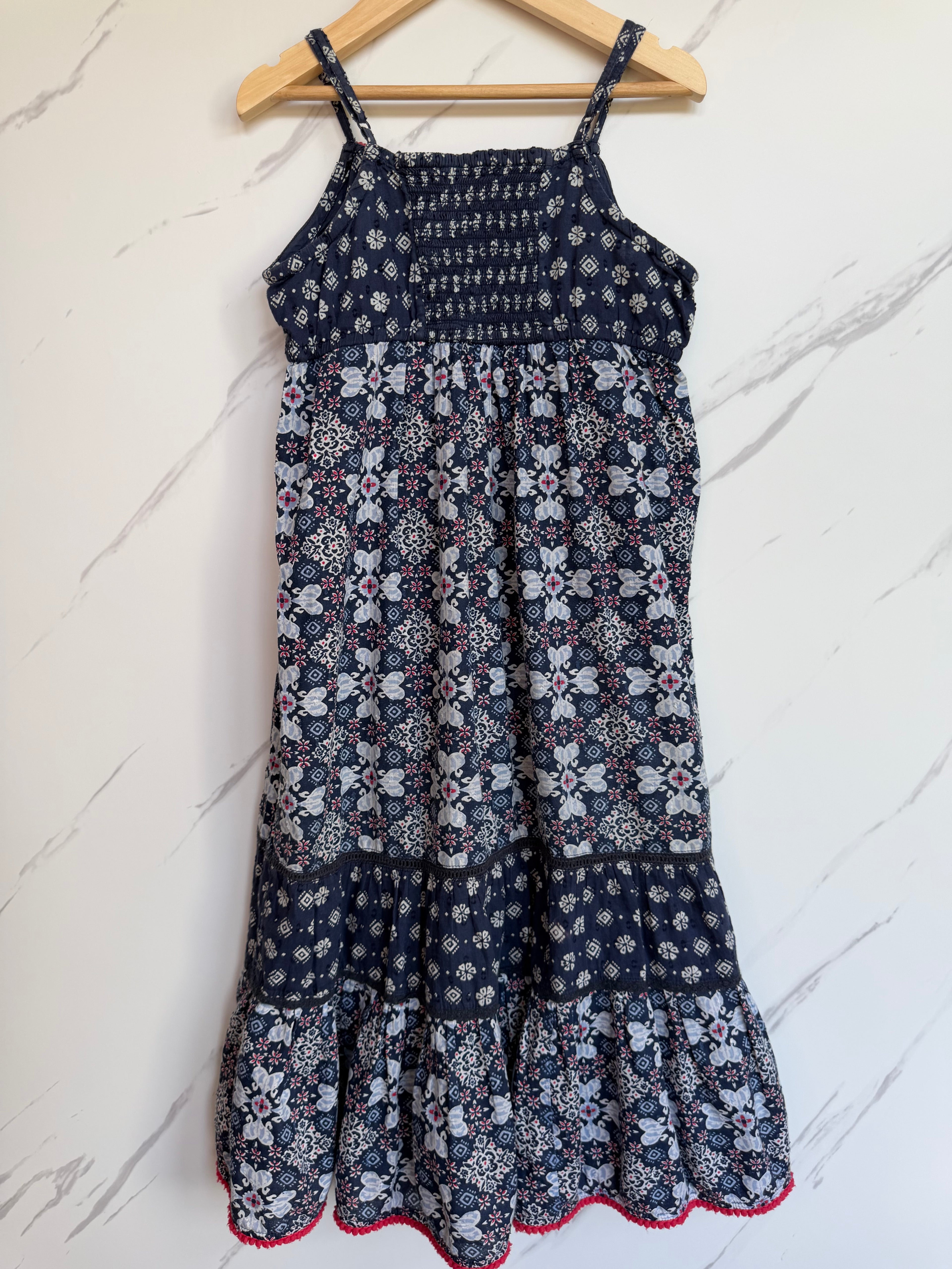Fatface Navy & White Tiered Summer Dress Age 8-9 Years
