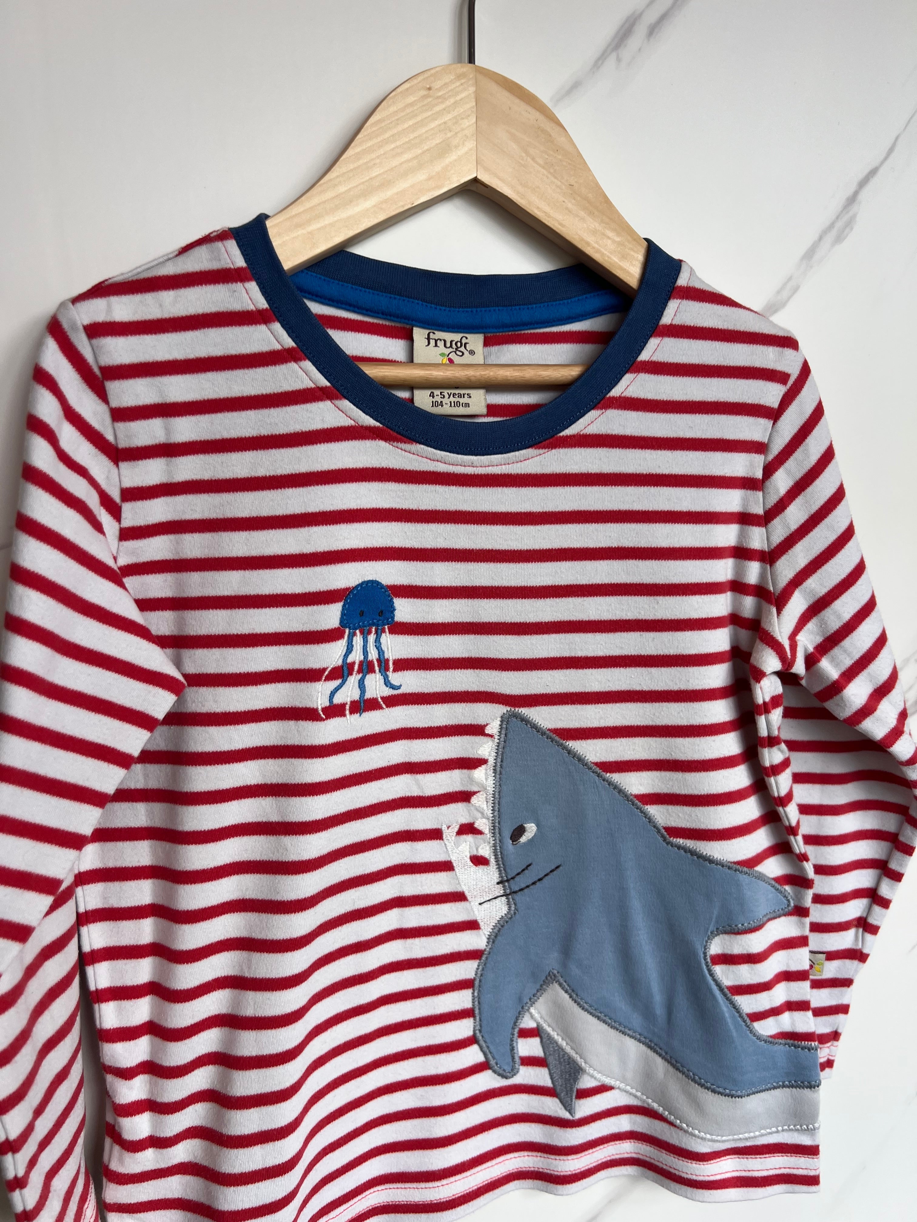 Frugi Red Stripes Shark & Octopus Long-Sleeved Top Age 4-5 Years