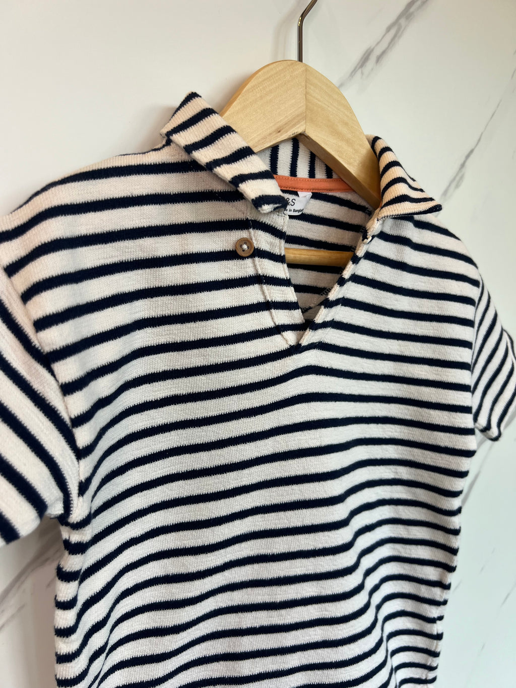 M&S Navy/White Striped Polo Shirt Age 3-4 Years