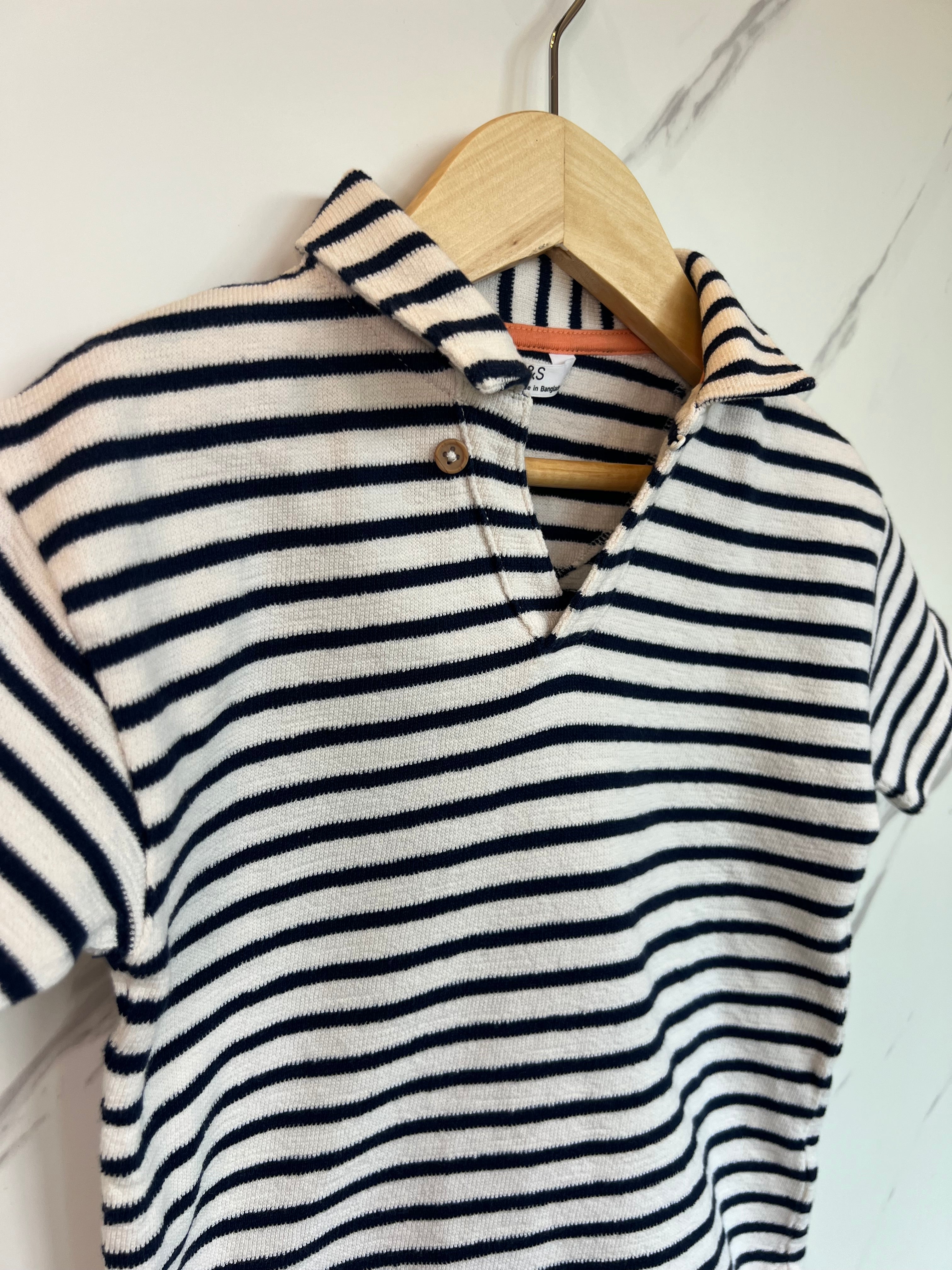 M&S Navy/White Striped Polo Shirt Age 3-4 Years