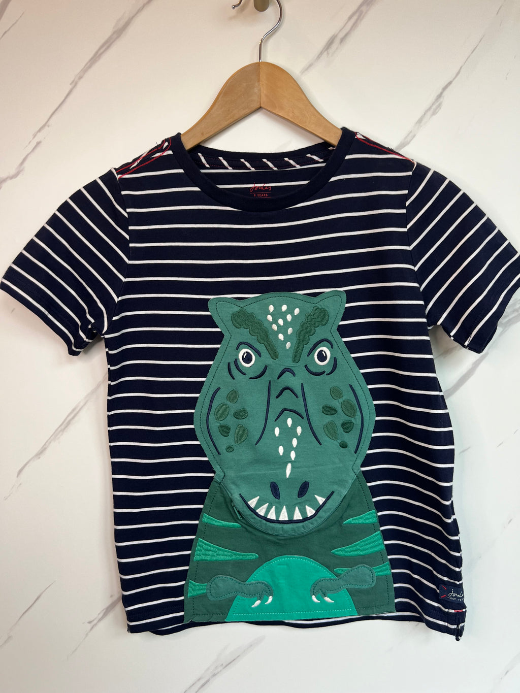 Joules Navy Striped Dino Zip Mouth T-Shirt Age 9 Years
