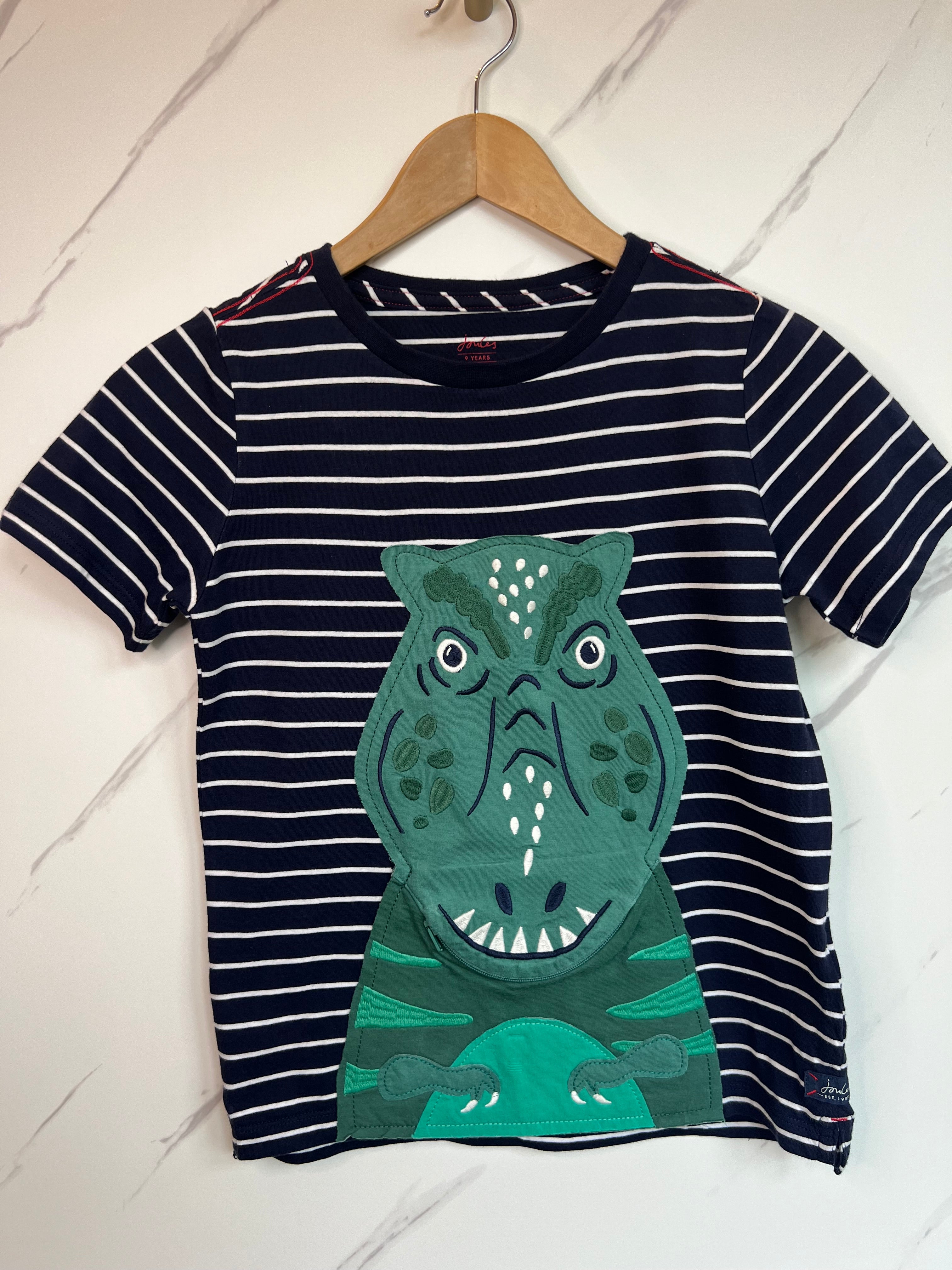 Joules Navy Striped Dino Zip Mouth T-Shirt Age 9 Years